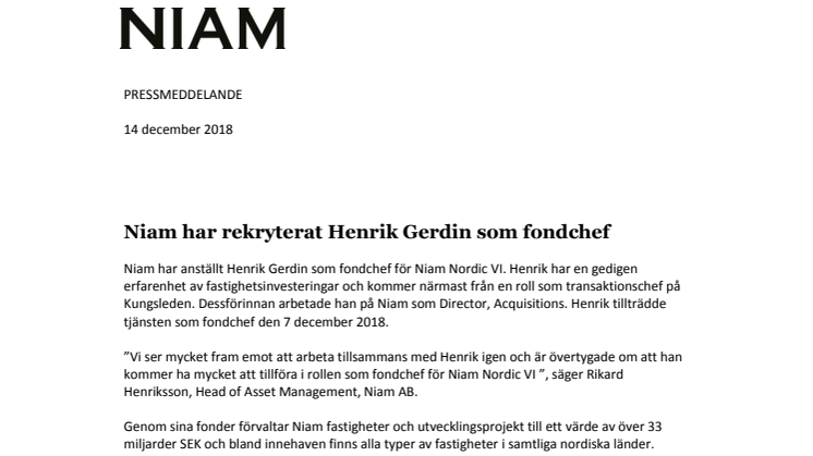 Niam har rekryterat Henrik Gerdin som fondchef