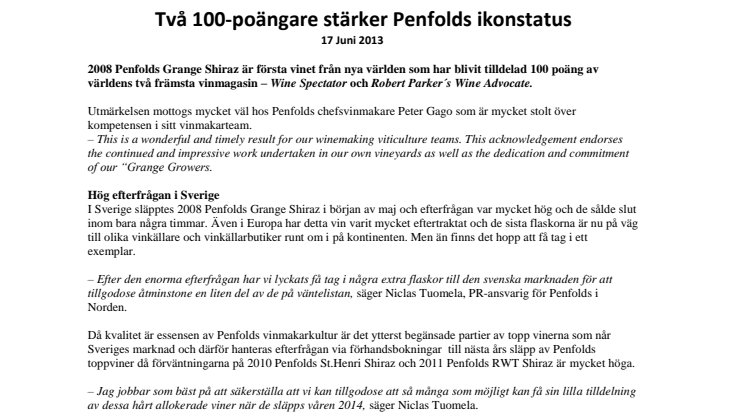 Två 100-poängare stärker Penfolds ikonstatus