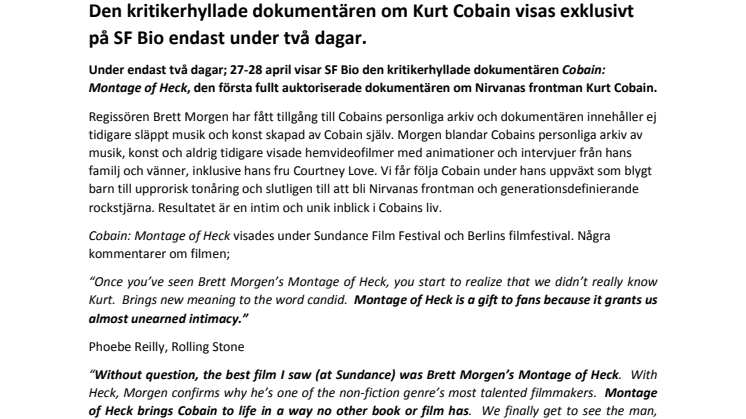 Cobain: Montage of Heck på bio 27-28 april