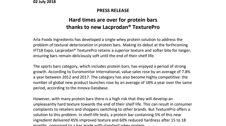 PRESS RELEASE – Hard times are over for protein bars  thanks to new Lacprodan® TexturePro