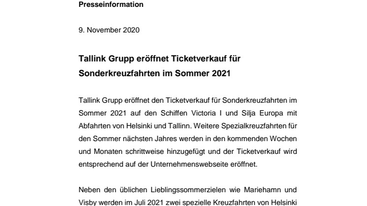 Tallink Grupp eröffnet Ticketverkauf für Sonderkreuzfahrten im Sommer 2021 
