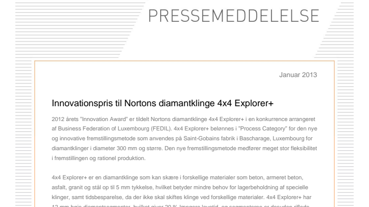 Innovationspris til Nortons diamantklinge 4x4 Explorer+ 