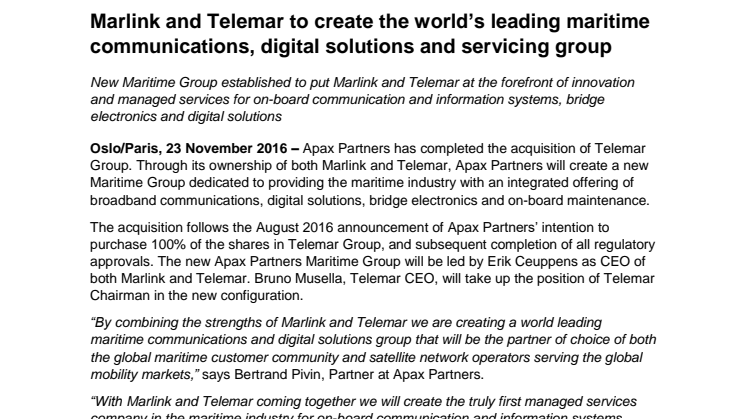 Marlink: Marlink and Telemar to create the world’s leading maritime communications, digital solutions and servicing group 