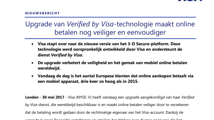Upgrade van Verified by Visa-technologie maakt online betalen nog veiliger en eenvoudiger 