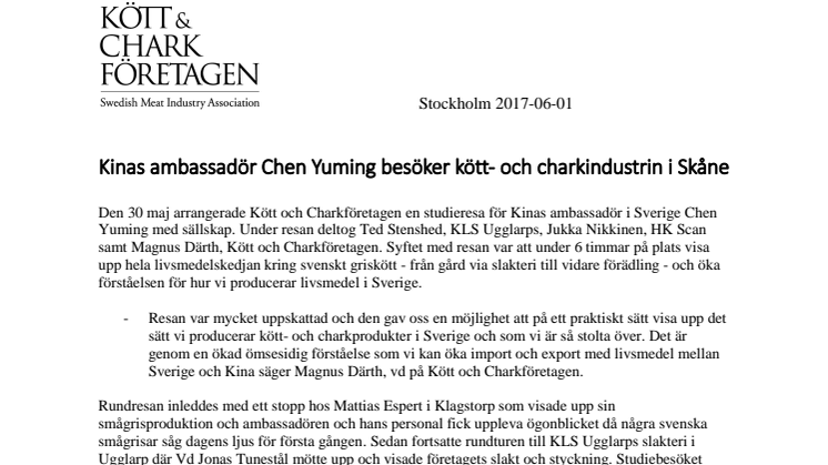 Kinas ambassadör Chen Yuming besöker kött- och charkindustrin i Skåne