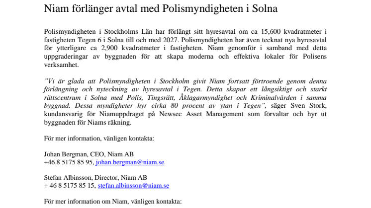 Niam förlänger avtal med Polismyndigheten i Solna 