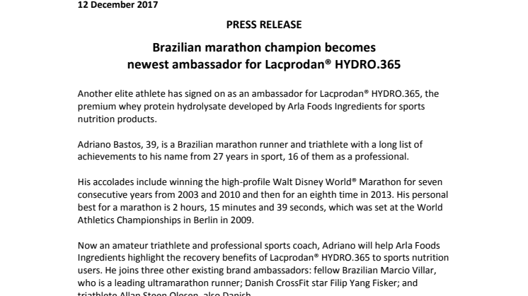 Press release – Brazilian marathon champion becomes  newest ambassador for Lacprodan® HYDRO.365