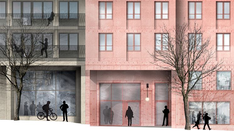Husen i kvarteret Lysosomen som SKB bygger i Hagastaden planeras vara färdiga för inflyttning 2023. Illustration: Arkitema Architects