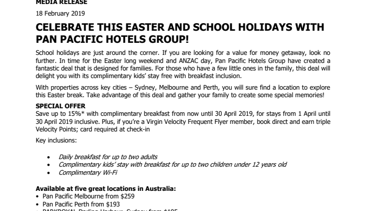 Celebrate this Easter and School Holidays with Pan Pacific Hotels Group! 
