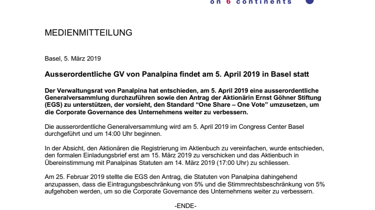Ausserordentliche GV von Panalpina findet am 5. April 2019 in Basel statt