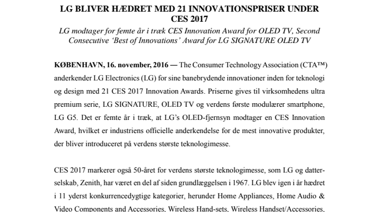 LG BLIVER HÆDRET MED 21 INNOVATIONSPRISER UNDER CES 2017