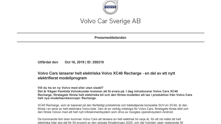 Volvo Cars lanserar helt elektriska Volvo XC40 Recharge - en del av ett nytt elektrifierat modellprogram