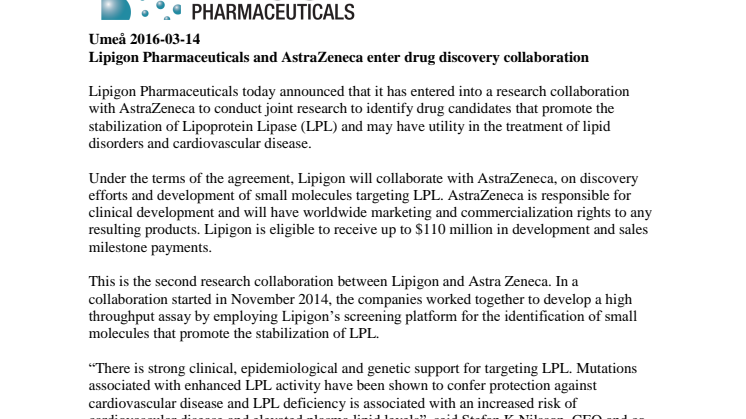 Lipigon Pharmaceuticals och AstraZeneca ingår läkemedelsutvecklingssamarbete