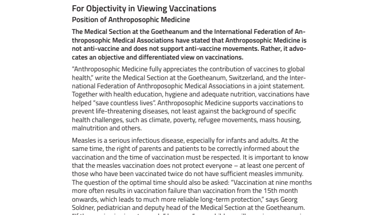 For Objectivity in Viewing Vaccinations. ​Position of Anthroposophic Medicine