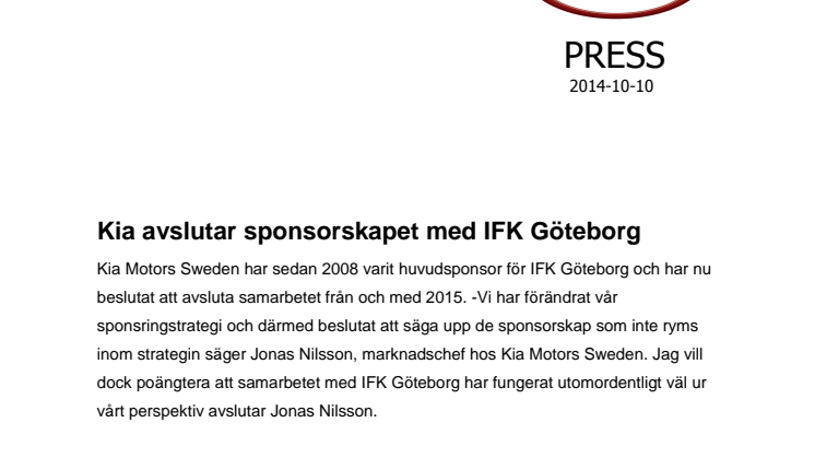 Kia avslutar sponsorskapet med IFK Göteborg