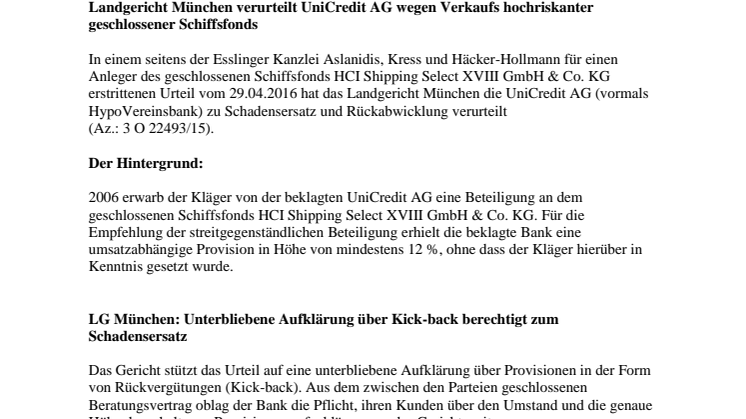 Schiffsfonds-Krise aktuell: LG München I verurteilt UniCredit Bank AG wegen Verkaufs hochriskanter Schiffsfonds