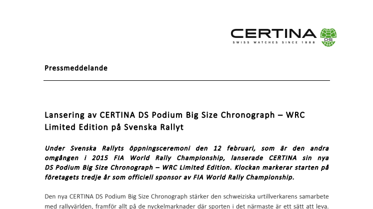 ​Lansering av CERTINA DS Podium Big Size Chronograph – WRC Limited Edition på Svenska Rallyt