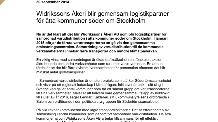 Widrikssons Åkeri blir gemensam logistikpartner för åtta kommuner söder om Stockholm
