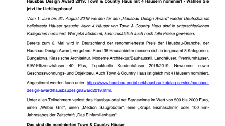Hausbau Design Award 2019: Town & Country Haus mit 4 Häusern nominiert - Wählen Sie jetzt Ihr Lieblingshaus!