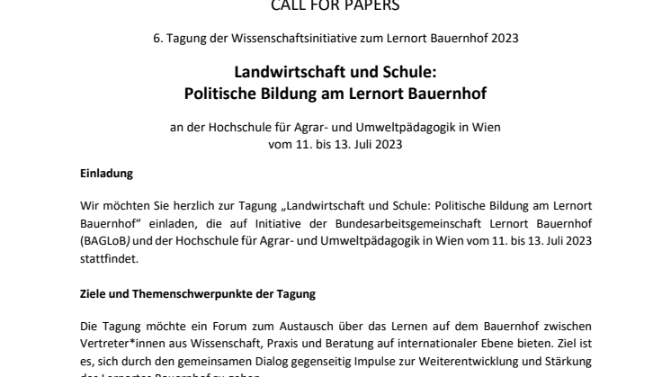 Call for papers | 6. Wissenschaftstagung Lernort Bauernhof Wien