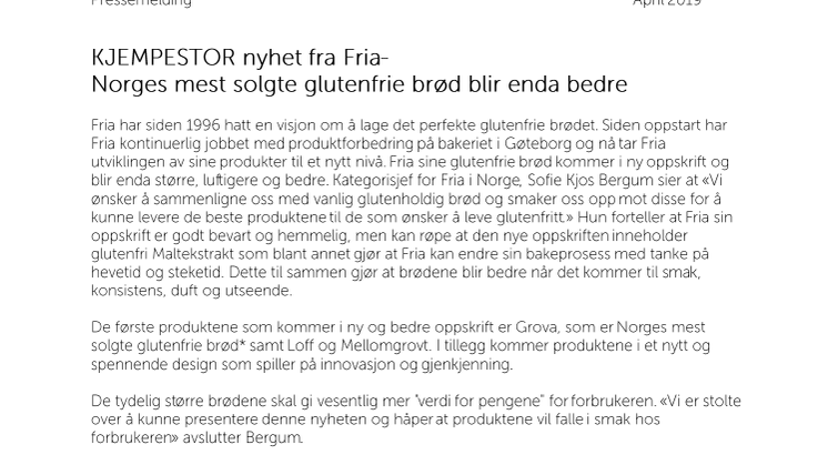 KJEMPESTOR nyhet -  Norges mest solgte glutenfrie brød blir enda bedre 