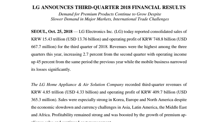 LG Announces Third-Quarter 2018 Financial Results