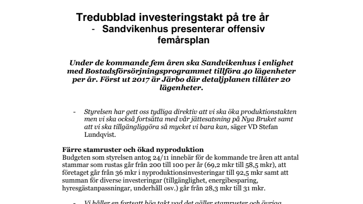 ​Tredubblad investeringstakt på tre år -Sandvikenhus presenterar offensiv  femårsplan