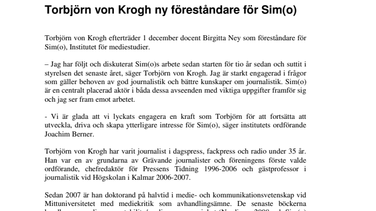 Torbjörn von Krogh ny föreståndare för Sim(o)