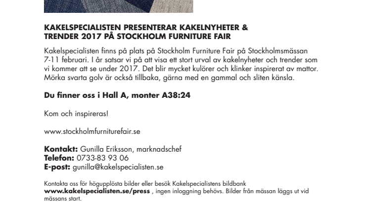 Kakelspecialisten presenterar årets kakelnyheter på Stockholm Furniture Fair 