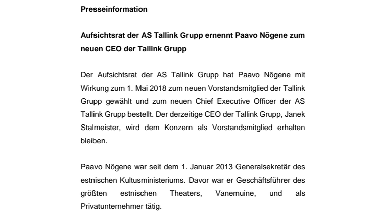 Aufsichtsrat der AS Tallink Grupp ernennt Paavo Nõgene zum neuen CEO der Tallink Grupp