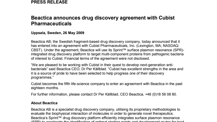 Beactica announces drug discovery agreement with Cubist Pharmaceuticals
