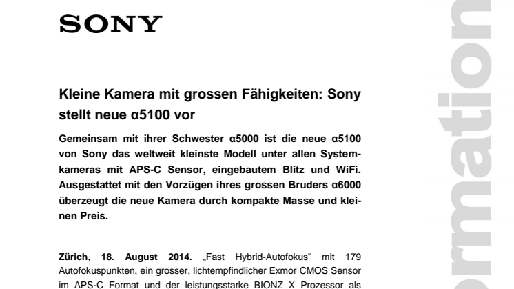 Kleine Kamera mit grossen Fähigkeiten: Sony stellt neue α5100 vor