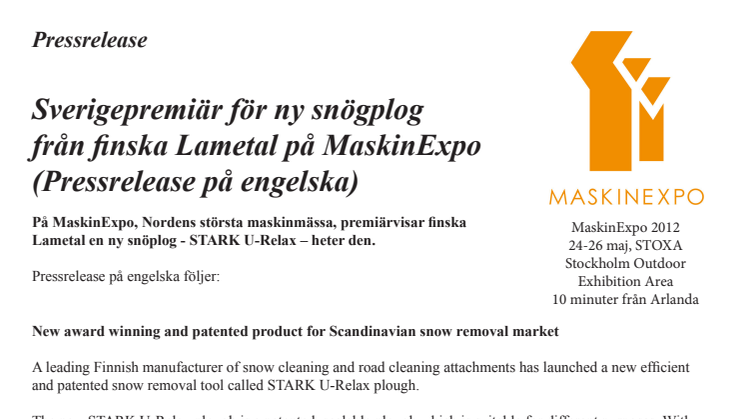 Sverigepremiär för ny snögplog från finska Lametal på MaskinExpo