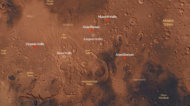 Två tänkbara landningsplatser för ExoMars 2020, Oxia Planum och Mawrth Vallis. 
