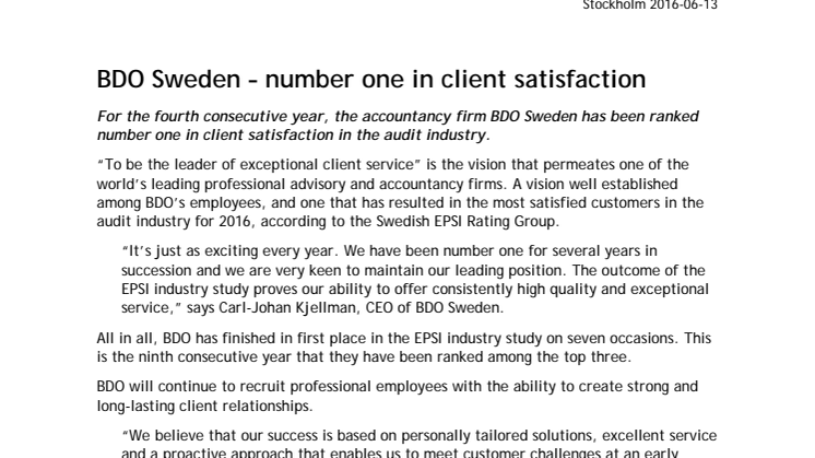 BDO Sweden – number one in client satisfaction
