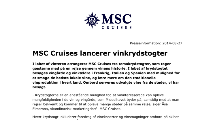 MSC Cruises lancerer vinkrydstogter