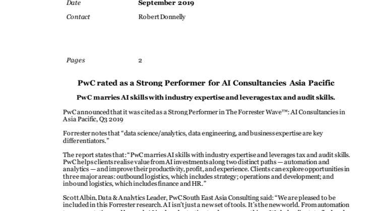 ​PwC rated as a Strong Performer for AI Consultancies Asia Pacific