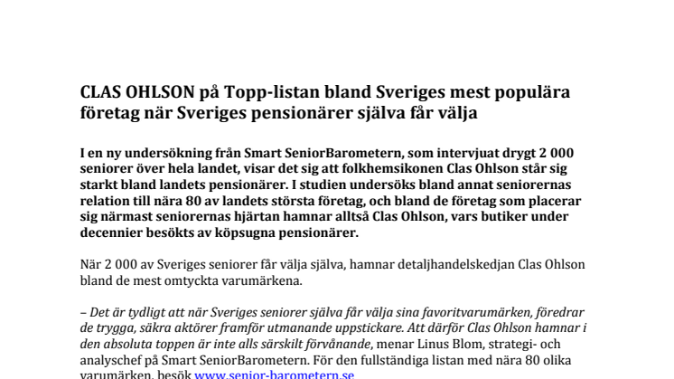 CLAS OHLSON på Topp-listan bland Sveriges mest populära företag när Sveriges pensionärer själva får välja