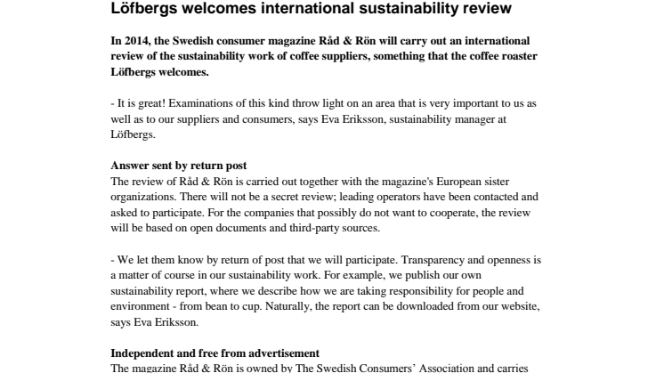 Löfbergs welcomes international sustainability review
