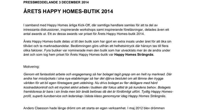Årets Happy Homes-butik  2014 - Happy Homes Strängnäs