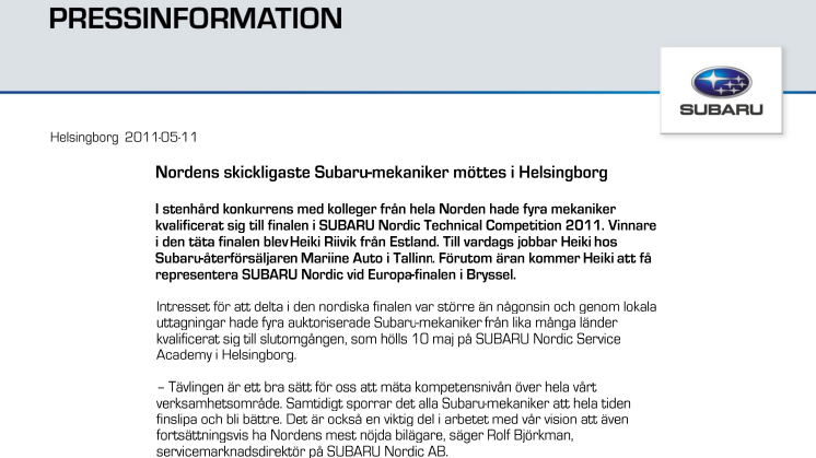 Nordens skickligaste Subaru-mekaniker möttes i Helsingborg 