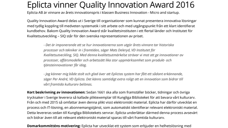 Eplicta vinner Quality Innovation Award 2016