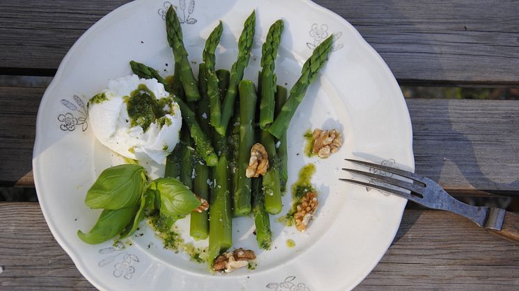 För två: Koka ett knippe sparris, dela en god buffelmozzarella, mixa olivolja med basilikablad och ringla över. Salt, peppar några valnötskärnor och ev en citronklyfta. Ät och njut! Det är något speciellt med den svenska sparrisen.