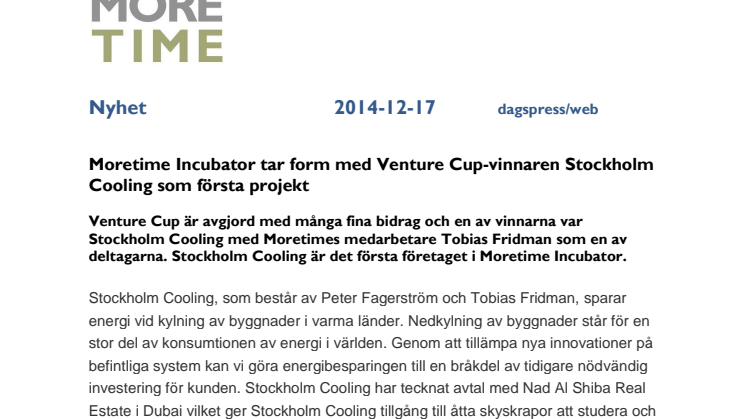 Moretime Incubator tar form med Venture Cup-vinnaren Stockholm Cooling