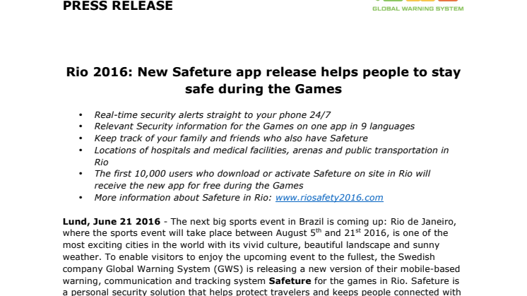 Rio 2016: New Safeture app release helps people to stay safe during the Games