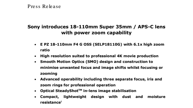 Sony julkaisee power zoomilla varustetun 18-110 mm Super 35 mm APS-C -objektiivin 