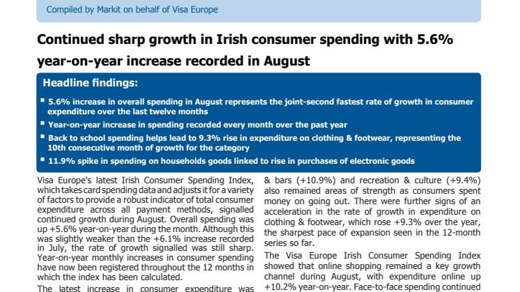 Visa Europe's Irish Consumer Spending Index - 8 September 2015