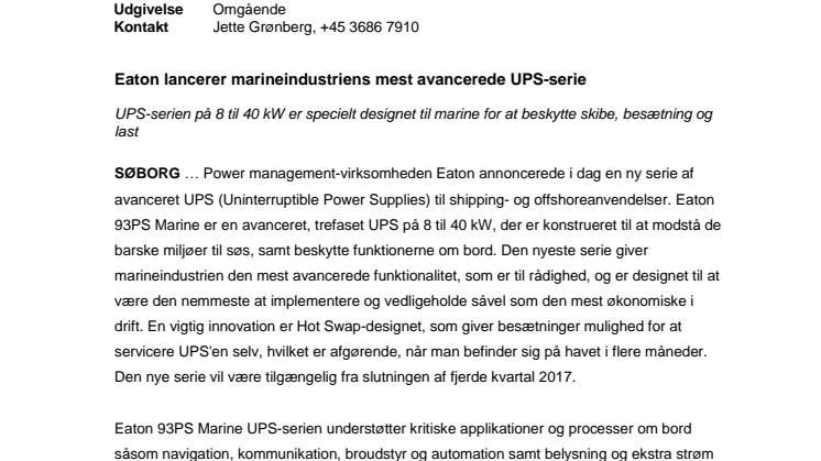 Eaton lancerer marineindustriens mest avancerede UPS-serie 