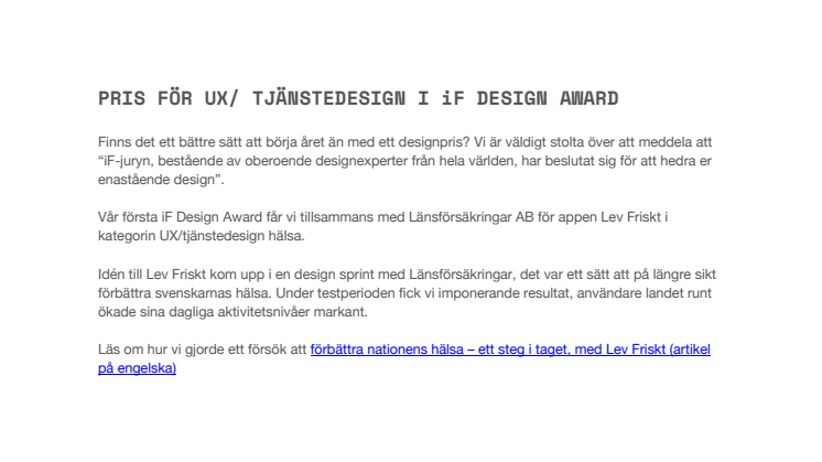 Pris för UX/Tjänstedesign i iF Design Award