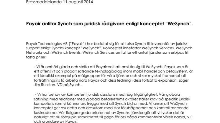 Payair anlitar Synch som juridisk rådgivare enligt konceptet ”WeSynch”